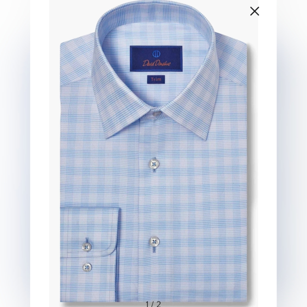 David Donahue NWT Men's Trim Fit Blue Check Dress Shirt, 17 32/33